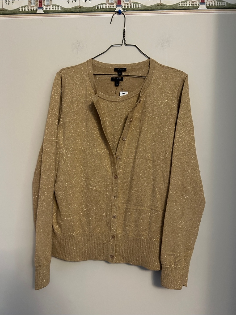 Talbots cotton/tencil  cardigan with  shell top gold sparkle new/tags size PL